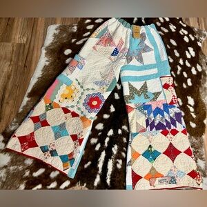 Vintage Quilt Patchwork Quilted Wide-Leg Flared Pants Rainbow Colorful Festival